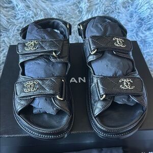 Chanel Black Leather Sandals with Logo